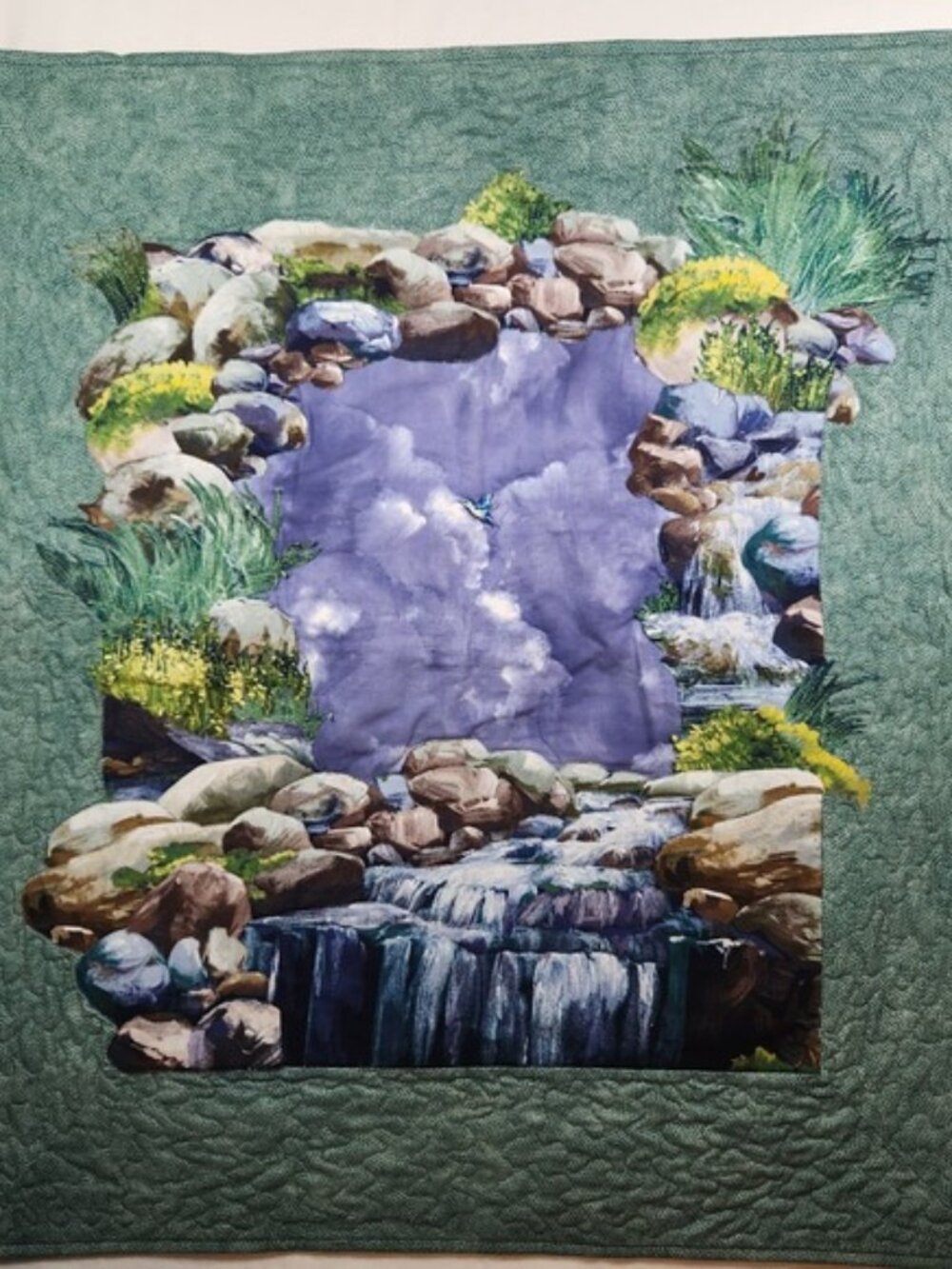 Handmade Quilted Wall Hanging Waterfall Nature Scene‎ Hummingbird Fiber Art